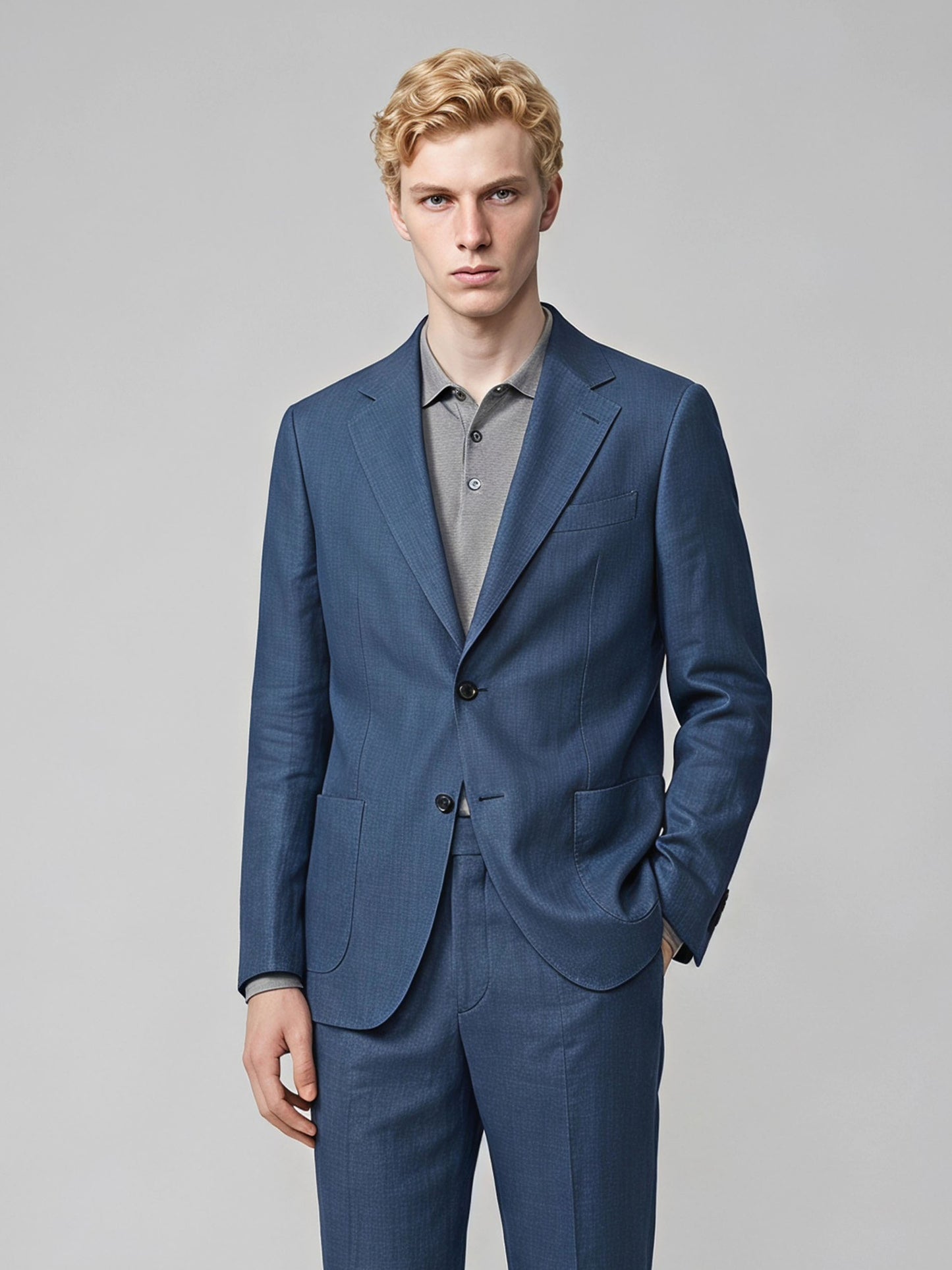 Savile GA0057 steel blue suit set – back view showing center vent, structured shoulders and tapered trousers