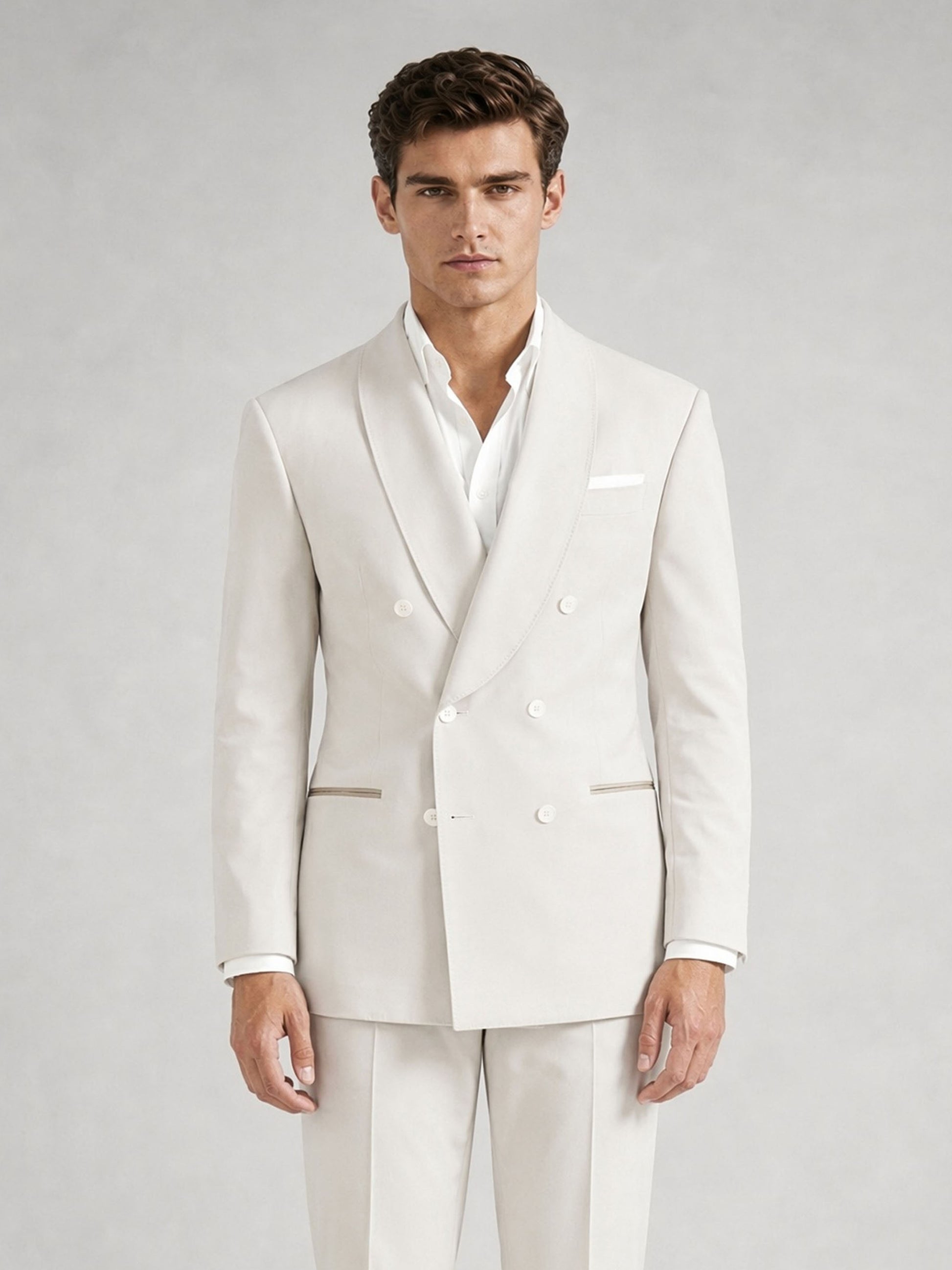 Savile GA0058 ivory white 3-piece suit set – full body front view, slim-fit double-breasted blazer and flat-front trousers