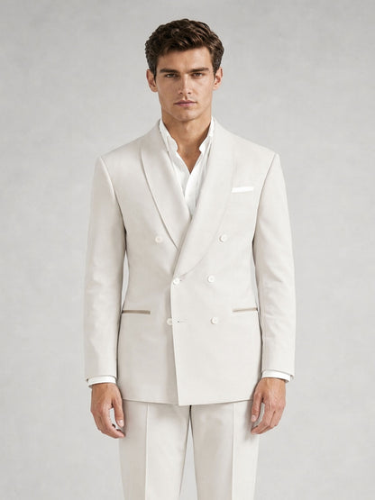 Savile GA0058 ivory white 2-piece suit set – full body front view, slim-fit double-breasted blazer and flat-front trousers