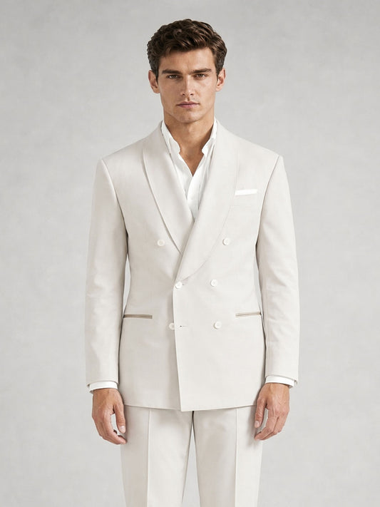 Savile GA0058 ivory white 2-piece suit set – full body front view, slim-fit double-breasted blazer and flat-front trousers