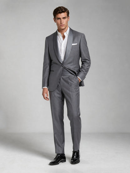 Savile GA0059 charcoal grey 2-piece suit set – upper body front view showing shawl lapel blazer, white open-collar shirt and pocket square
