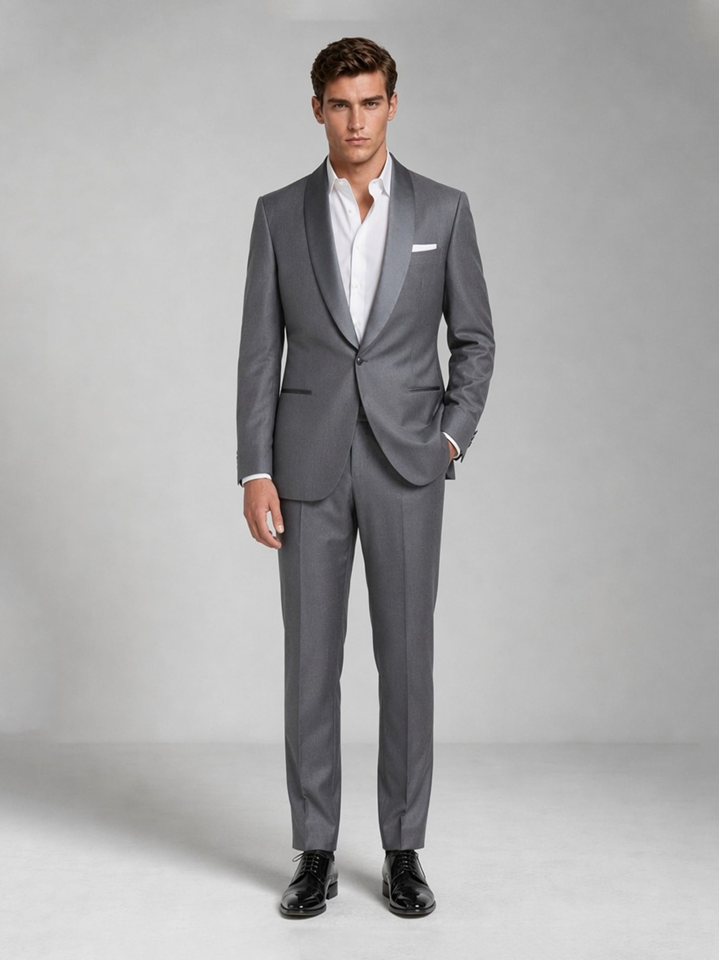 Savile GA0059 charcoal grey shawl lapel suit set – full body front view with hand in pocket