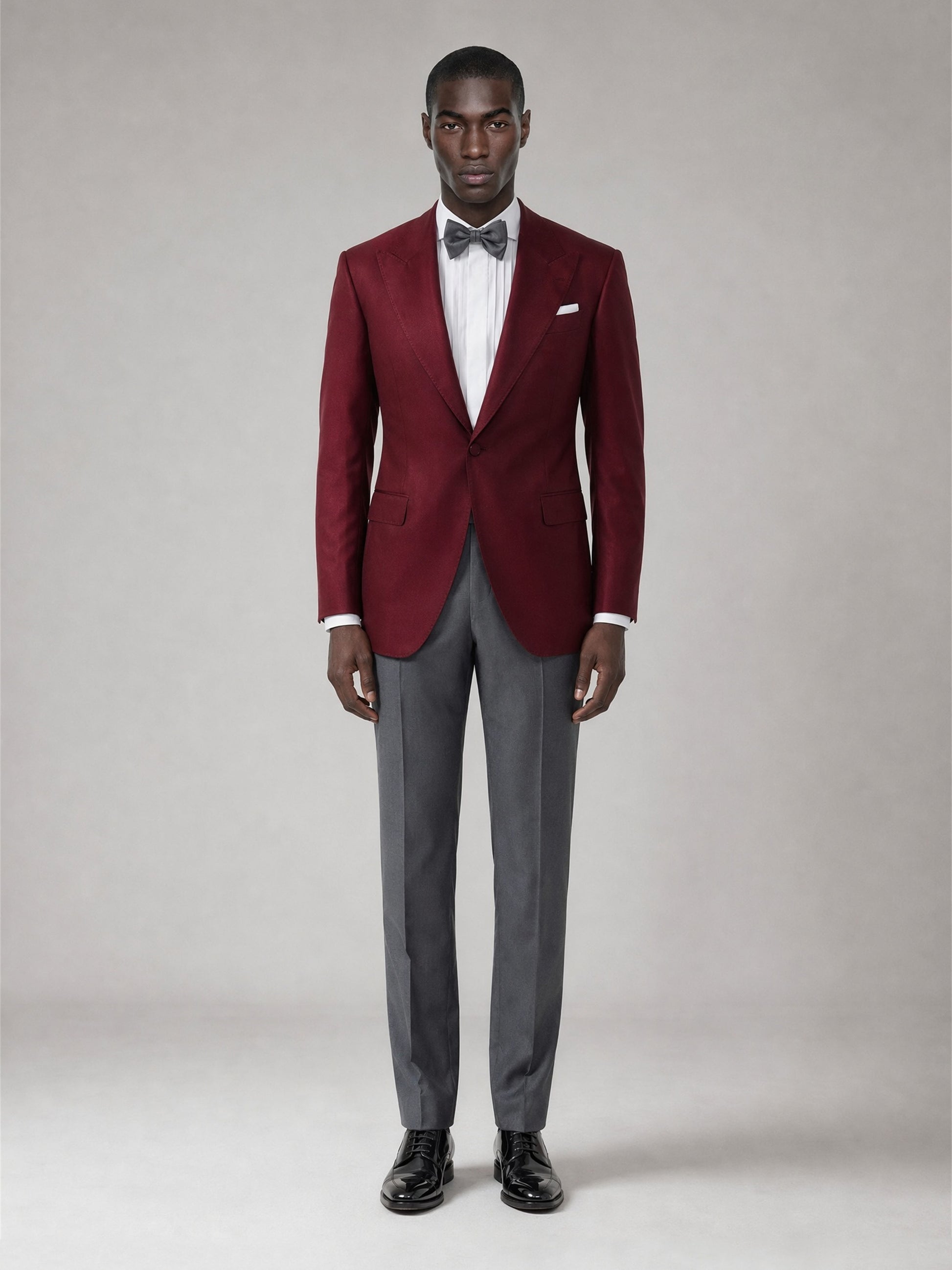 Savile GA0060 burgundy peak lapel 3-piece suit set – full body front view, natural standing pose