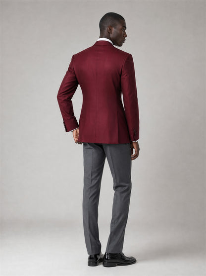 Savile GA0060 burgundy peak lapel suit set – full body front view, slim-fit blazer with grey trousers and black oxford shoes