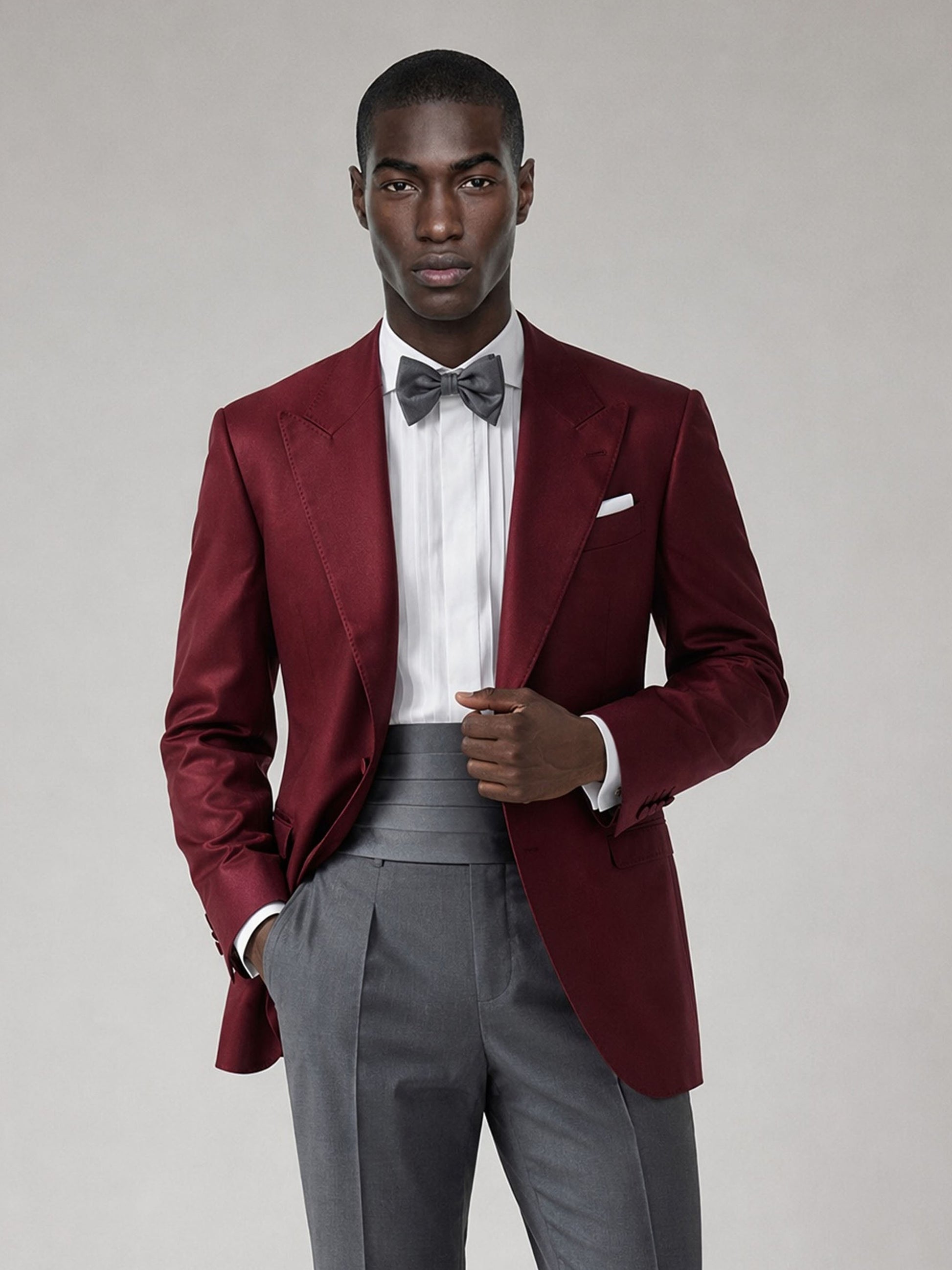 Savile GA0060 burgundy 3-piece suit set – back view showing center vent, structured shoulders and grey slim trousers