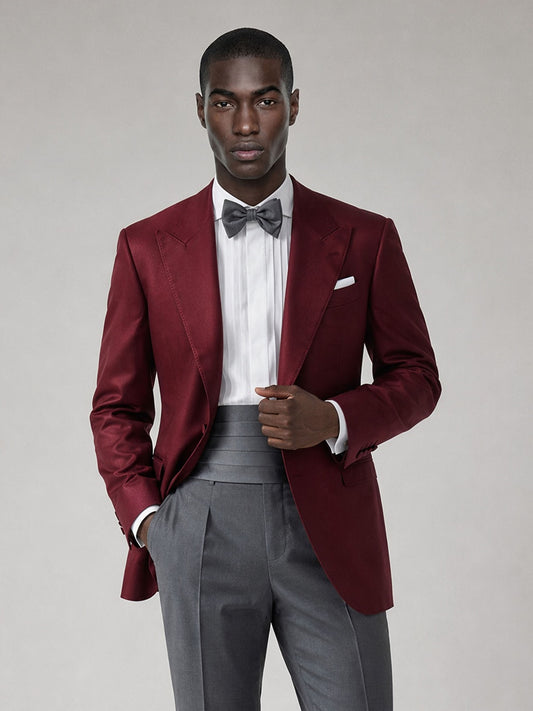 Savile GA0060 burgundy 2-piece suit set – back view showing center vent, structured shoulders and grey slim trousers