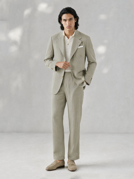 Savile GA0061 sage green linen 3-piece suit set – upper body front view showing two-button peak lapel blazer, ivory knit shirt and white pocket square