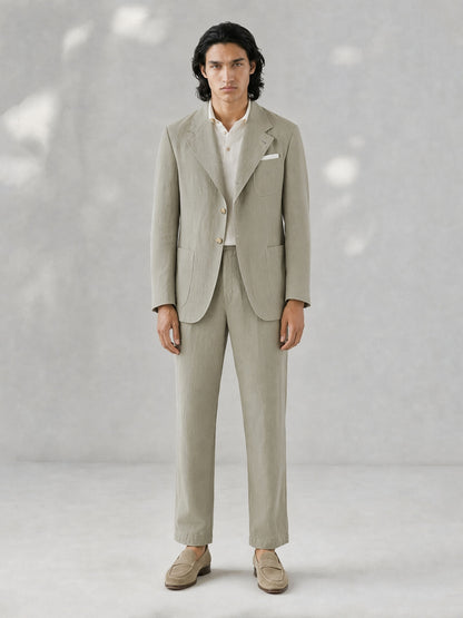 Savile GA0061 sage green linen suit set – full body front view, model holding lapel with hand in pocket