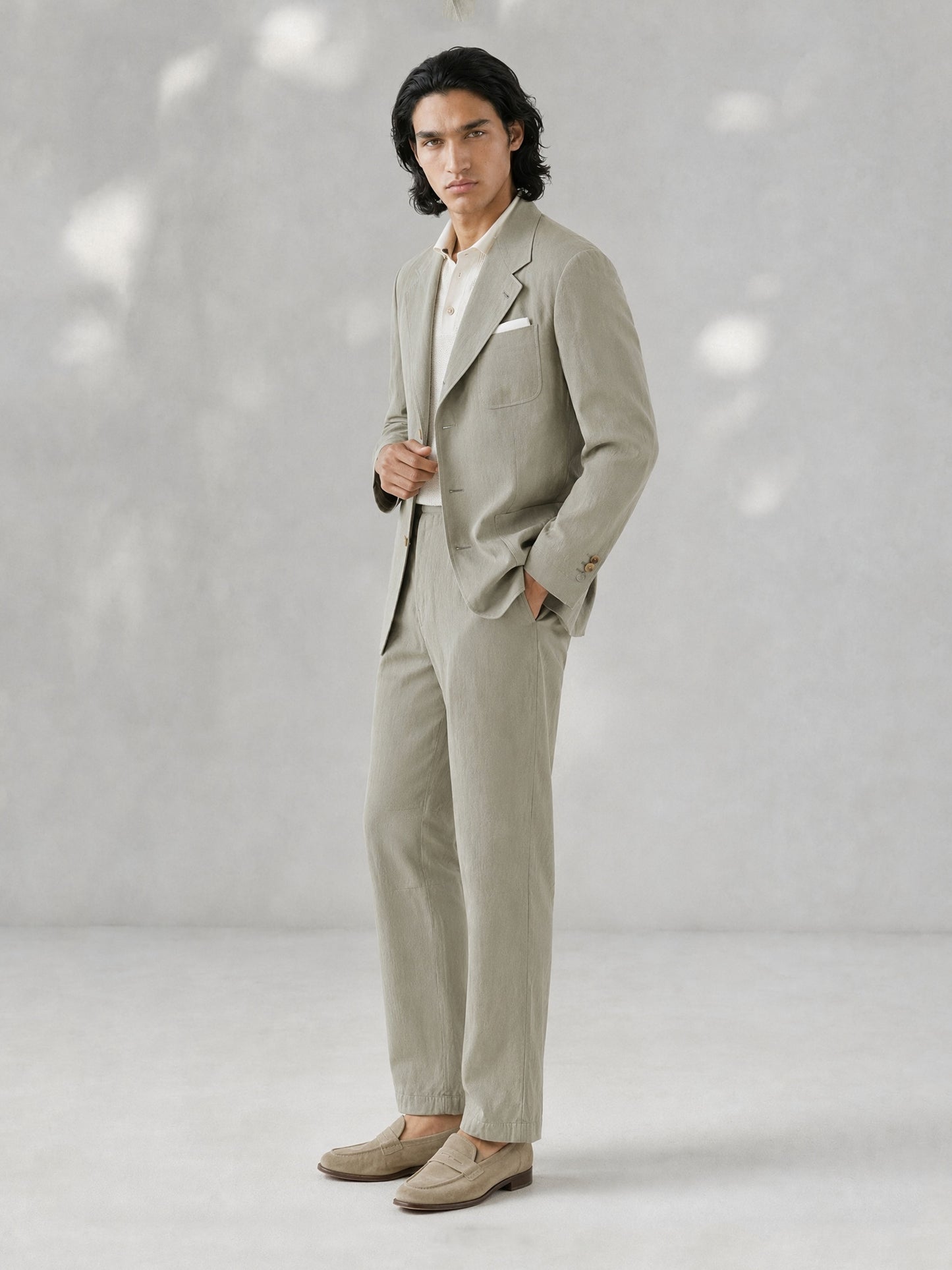 Savile GA0061 sage green linen suit set – back view showing center vent, unstructured shoulders and straight trousers