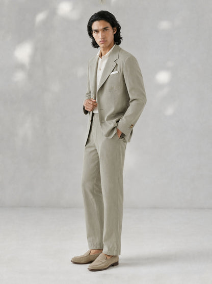 Savile GA0061 sage green linen suit set – back view showing center vent, unstructured shoulders and straight trousers
