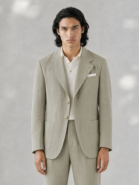 Savile GA0061 sage green linen suit set – three-quarter side pose showing relaxed drape and natural linen texture