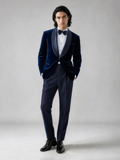 Savile GA0062 navy velvet tuxedo – upper body front view showing satin shawl lapel, pleated tuxedo shirt and navy bow tie