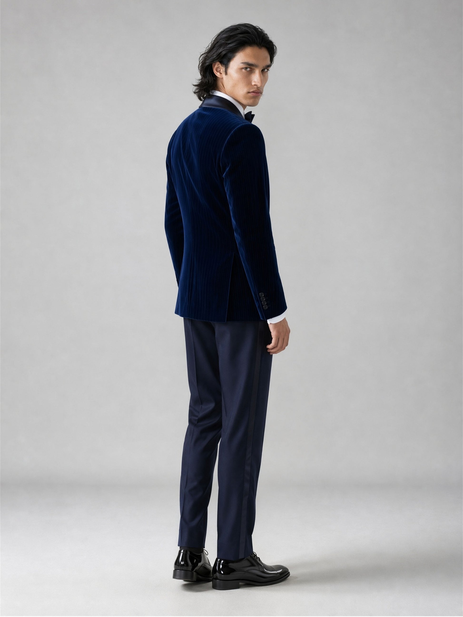 Savile GA0062 navy velvet dinner jacket set – full body front view, natural standing pose showing slim silhouette