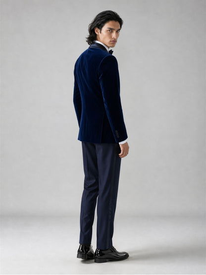 Savile GA0062 navy velvet dinner jacket set – full body front view, natural standing pose showing slim silhouette
