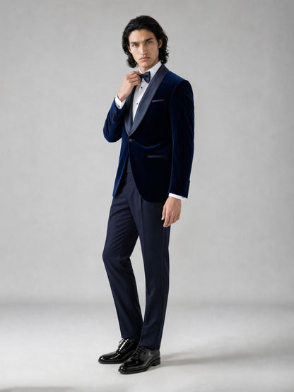 Savile GA0062 navy velvet tuxedo set – back three-quarter view showing velvet texture, shawl lapel and slim navy trousers