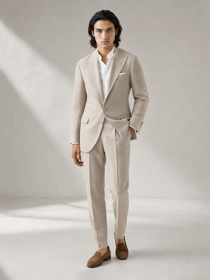 Savile GA0063 oatmeal linen 2-piece suit set – upper body front view showing unstructured notch lapel blazer, white open-collar shirt and pocket square