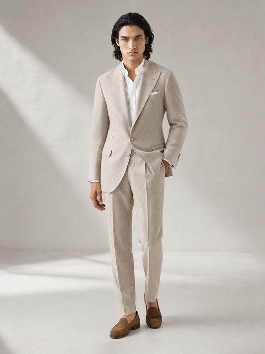 Savile GA0063 oatmeal linen 3-piece suit set – upper body front view showing unstructured notch lapel blazer, white open-collar shirt and pocket square