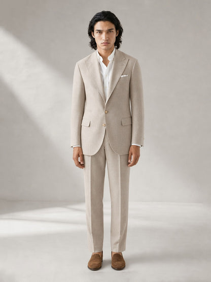 Savile GA0063 oatmeal linen suit set – full body front view, hand in pocket with brown suede loafers