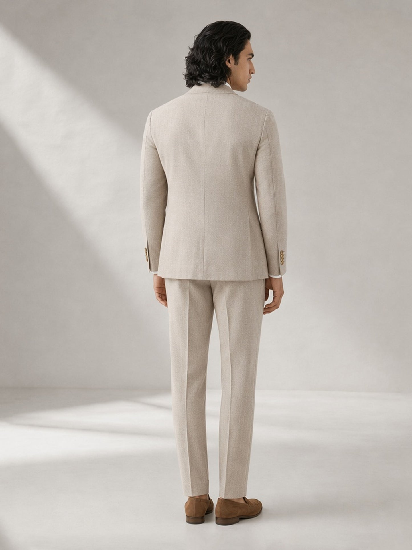 Savile GA0063 oatmeal linen 3-piece suit set – full body front view, natural standing pose showing slim silhouette