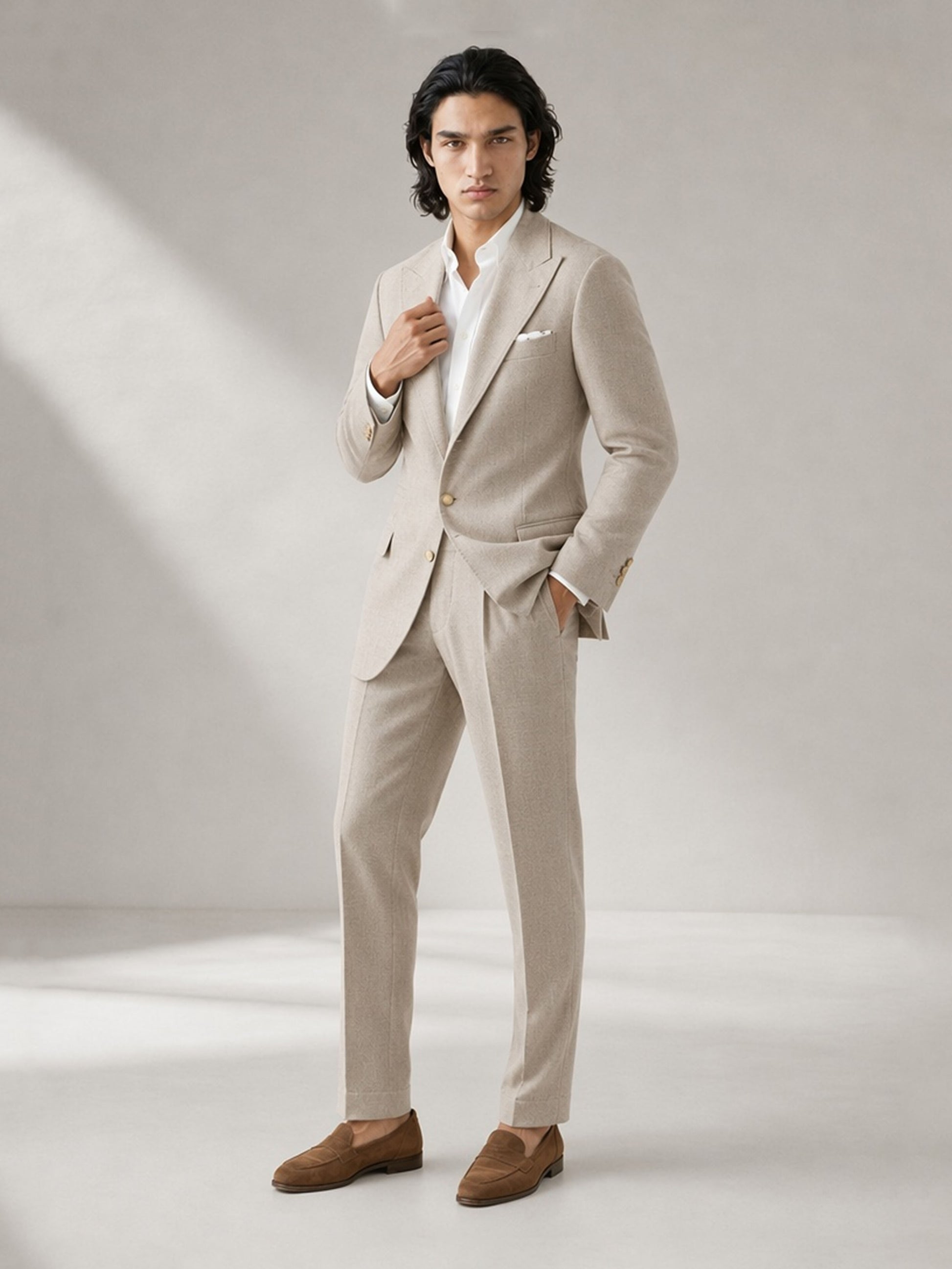 Savile GA0063 oatmeal linen suit set – back view showing unstructured shoulders, center vent and slim trousers