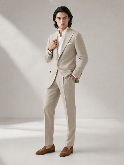 Savile GA0063 oatmeal linen suit set – back view showing unstructured shoulders, center vent and slim trousers