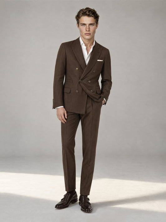 Savile GA0064 chocolate brown double-breasted suit – upper body front view showing peak lapel, six-button closure and white open-collar shirt