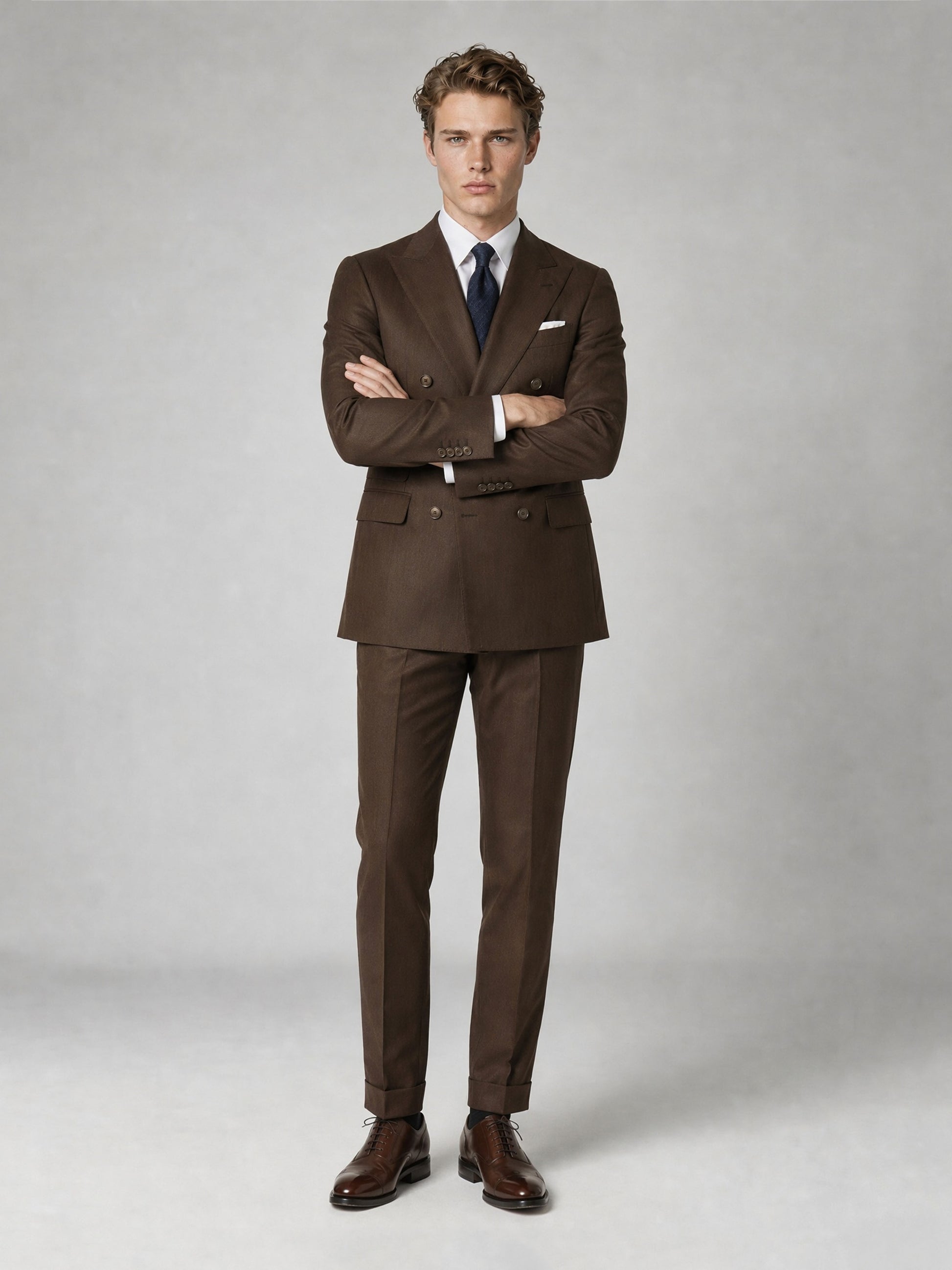Savile GA0064 chocolate brown 2-piece suit set – full body front view, natural standing pose with open collar and black monk-strap shoes