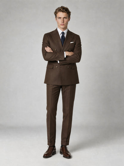 Savile GA0064 chocolate brown 2-piece suit set – full body front view, natural standing pose with open collar and black monk-strap shoes