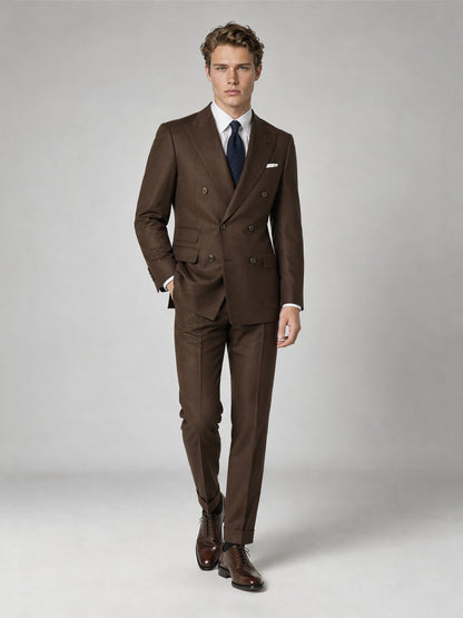 Savile GA0064 chocolate brown double-breasted suit – full body front view, arms crossed with navy tie and brown oxford shoes