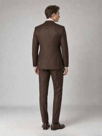 Savile GA0064 chocolate brown suit set – full body front view, hand in pocket with navy tie and brown oxford shoes
