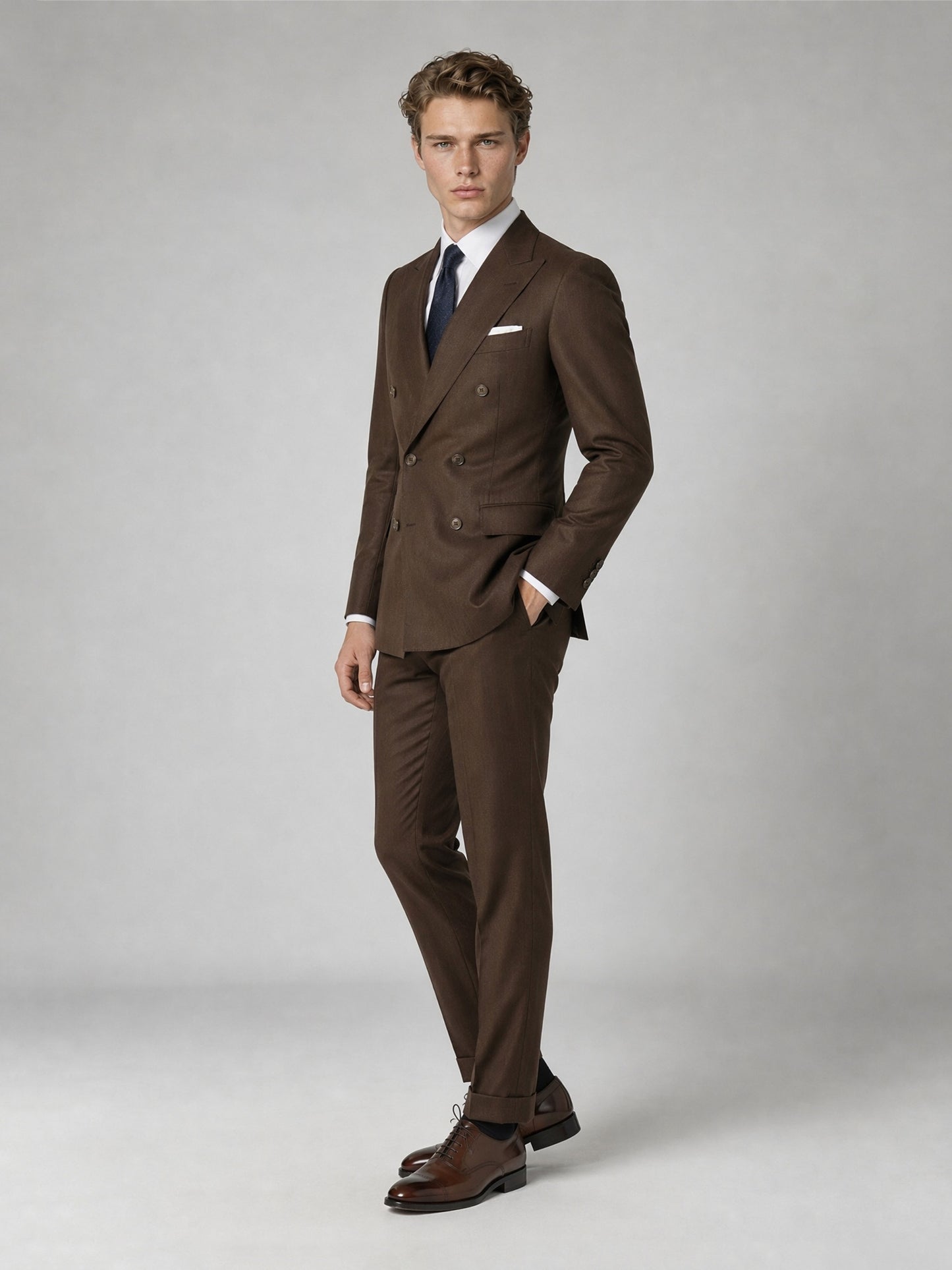 Savile GA0064 chocolate brown double-breasted suit – back view showing center vent, structured shoulders and slim trousers