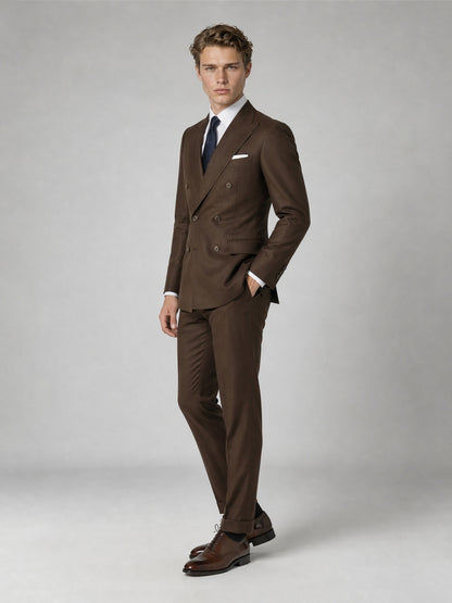 Savile GA0064 chocolate brown double-breasted suit – back view showing center vent, structured shoulders and slim trousers