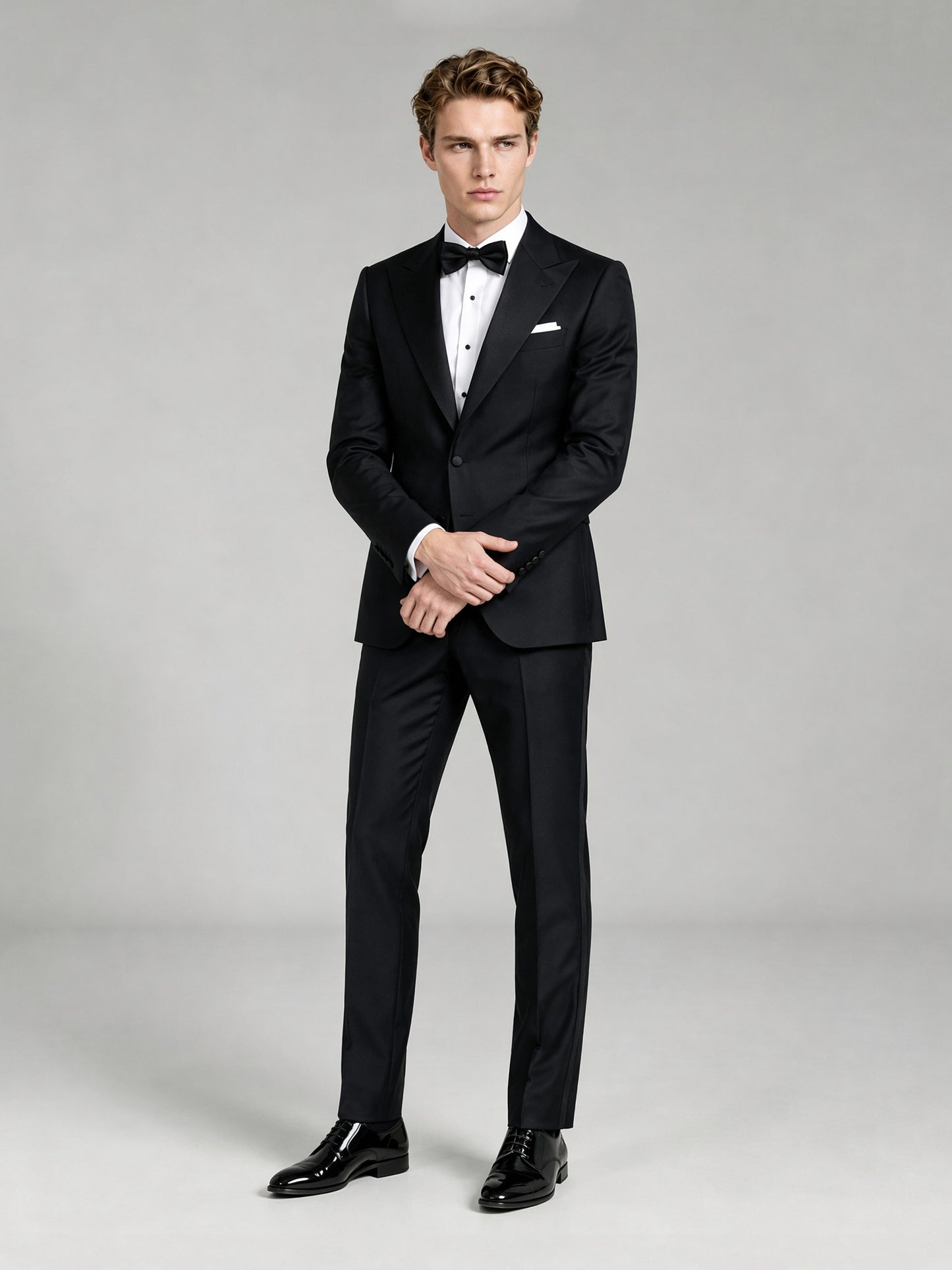 Savile GA0065 black tuxedo 3-piece set – full body front view, natural standing pose with black patent oxford shoes