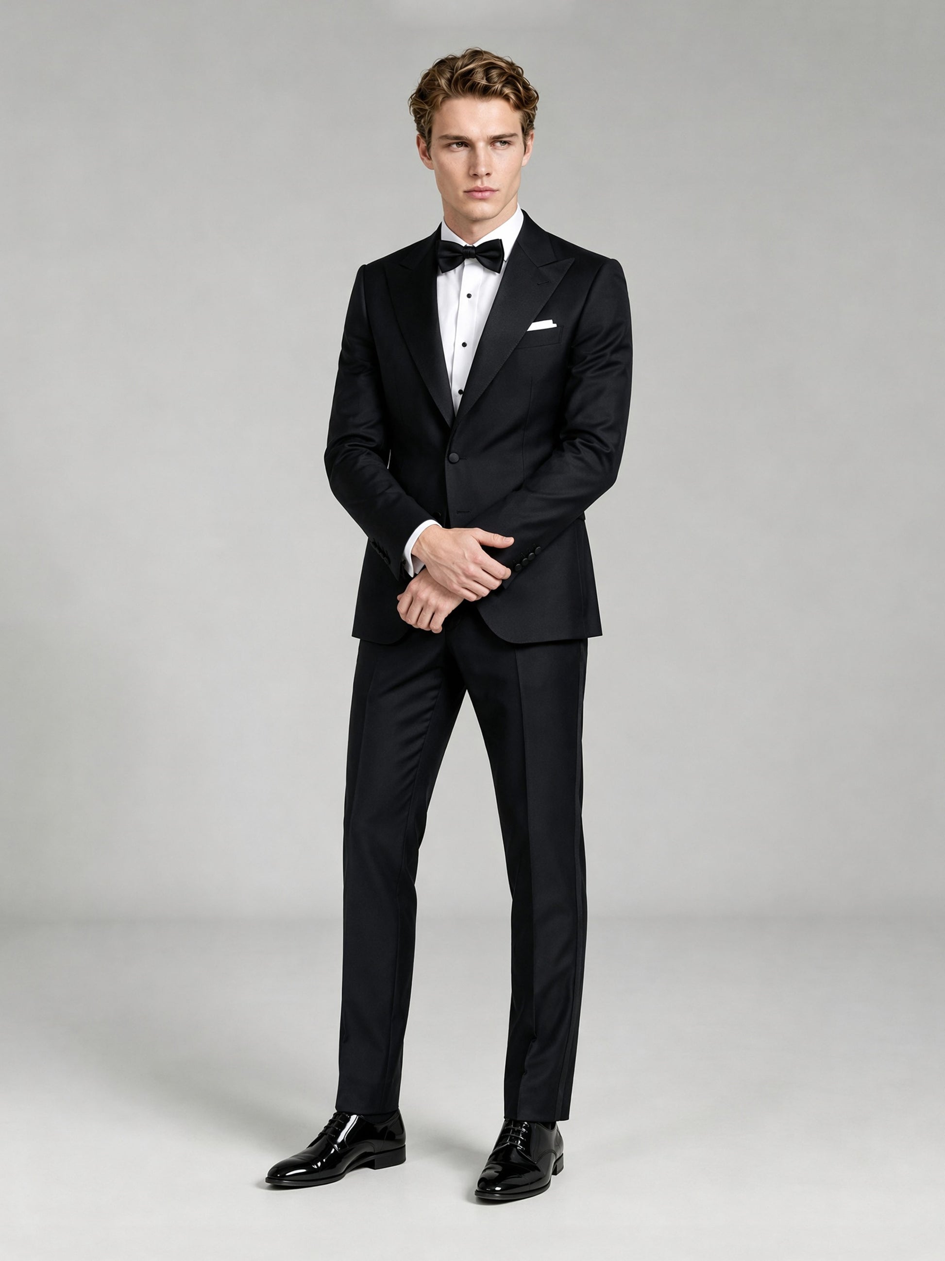 Savile GA0065 black tuxedo 3-piece set – full body front view, natural standing pose with black patent oxford shoes