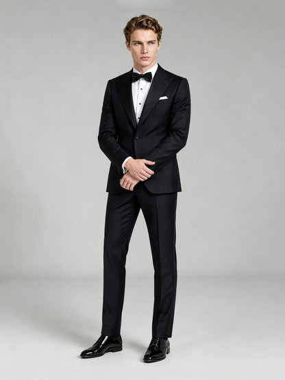 Savile GA0065 black tuxedo 2-piece set – full body front view, natural standing pose with black patent oxford shoes