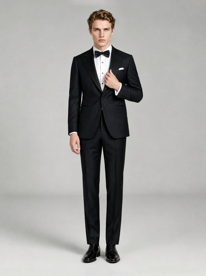 Savile GA0065 black tuxedo 2-piece set – back view showing center vent, structured shoulders and slim dress trousers with satin side stripe