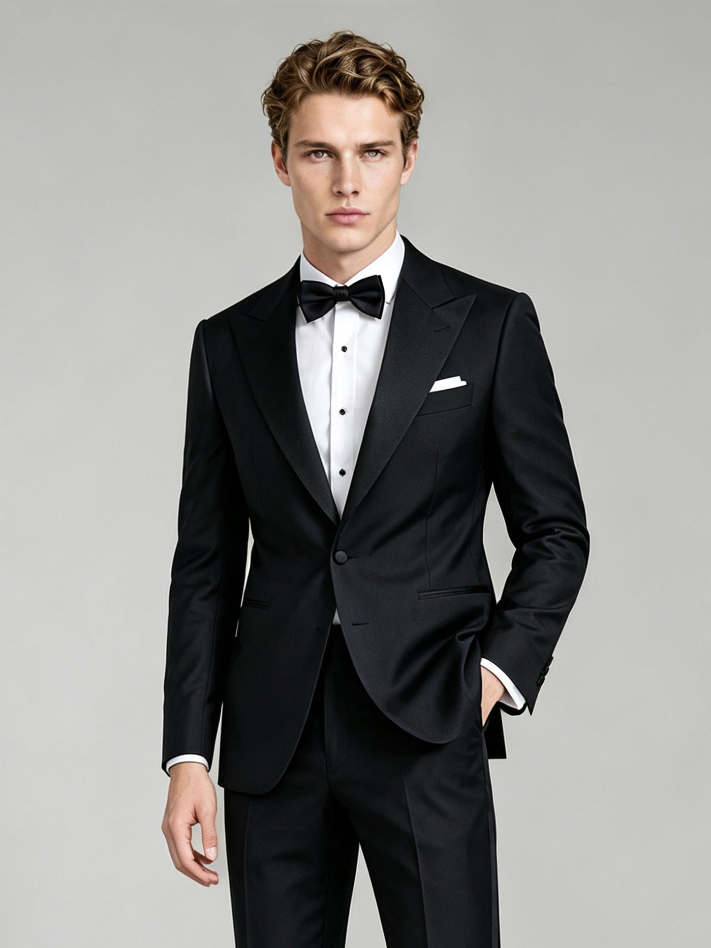 Savile GA0065 black peak lapel tuxedo – full body front view, hand touching lapel showing confident black-tie styling