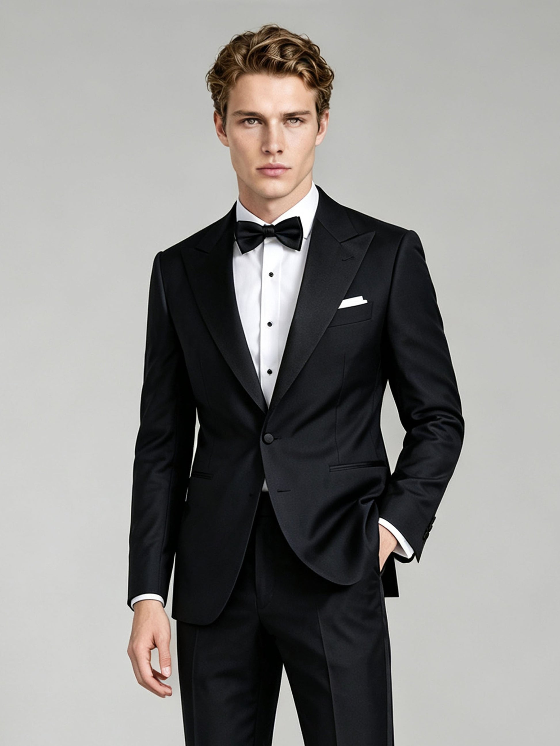 Savile GA0065 black peak lapel tuxedo – full body front view, hand touching lapel showing confident black-tie styling