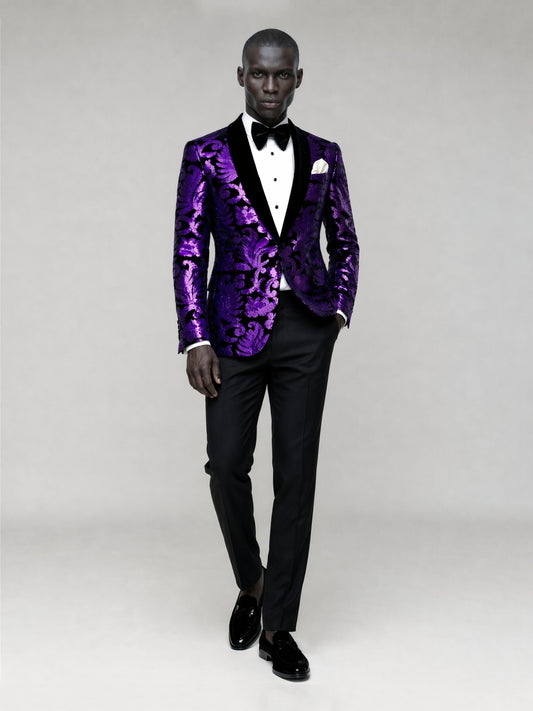 Savile GA0066 purple jacquard velvet tuxedo 3-piece set – full body front view, hand in pocket with black patent loafers showing full baroque silhouette
