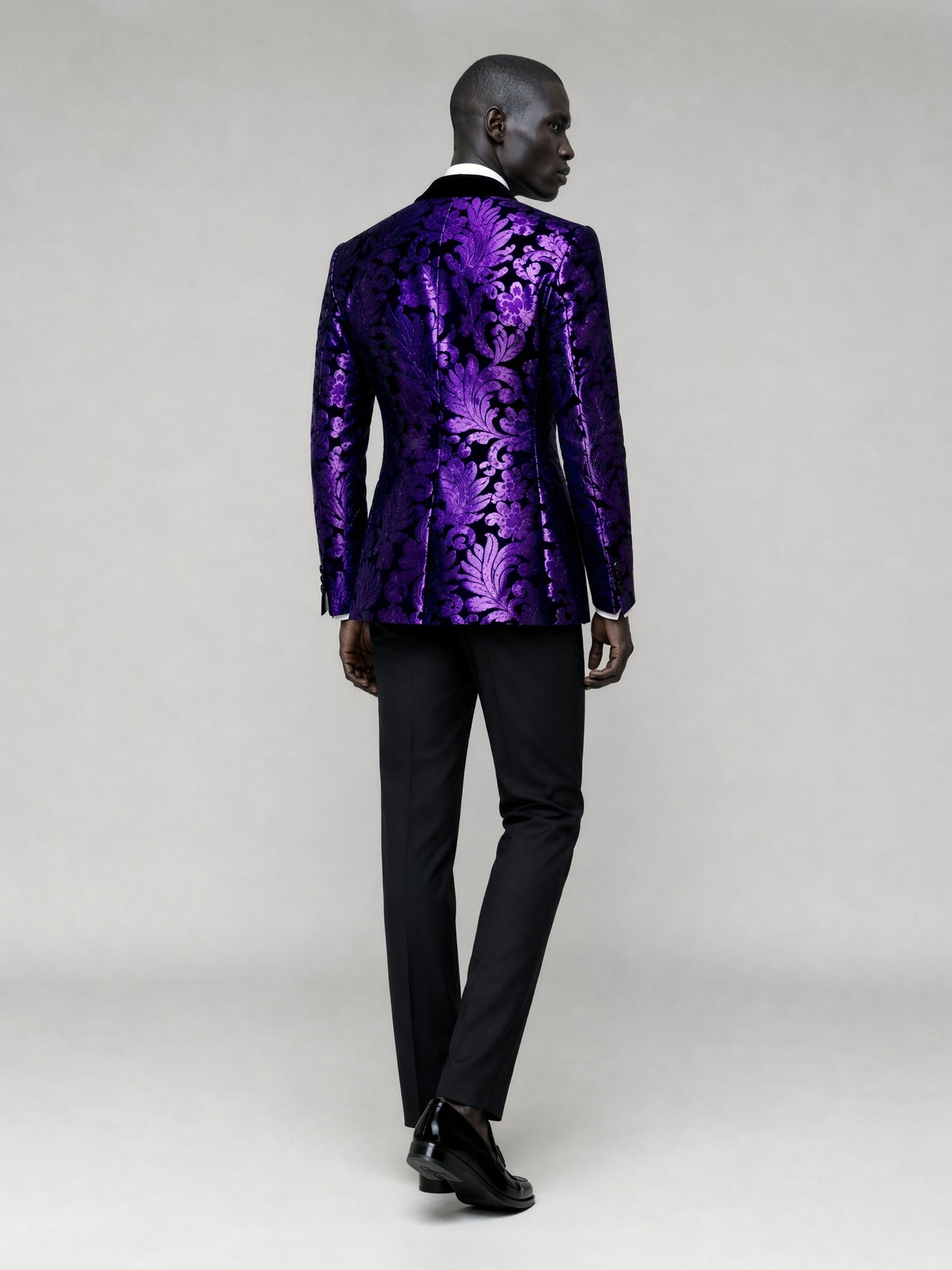 Savile GA0066 purple damask velvet dinner jacket set – full body front view, natural standing pose showing slim black trousers and velvet texture