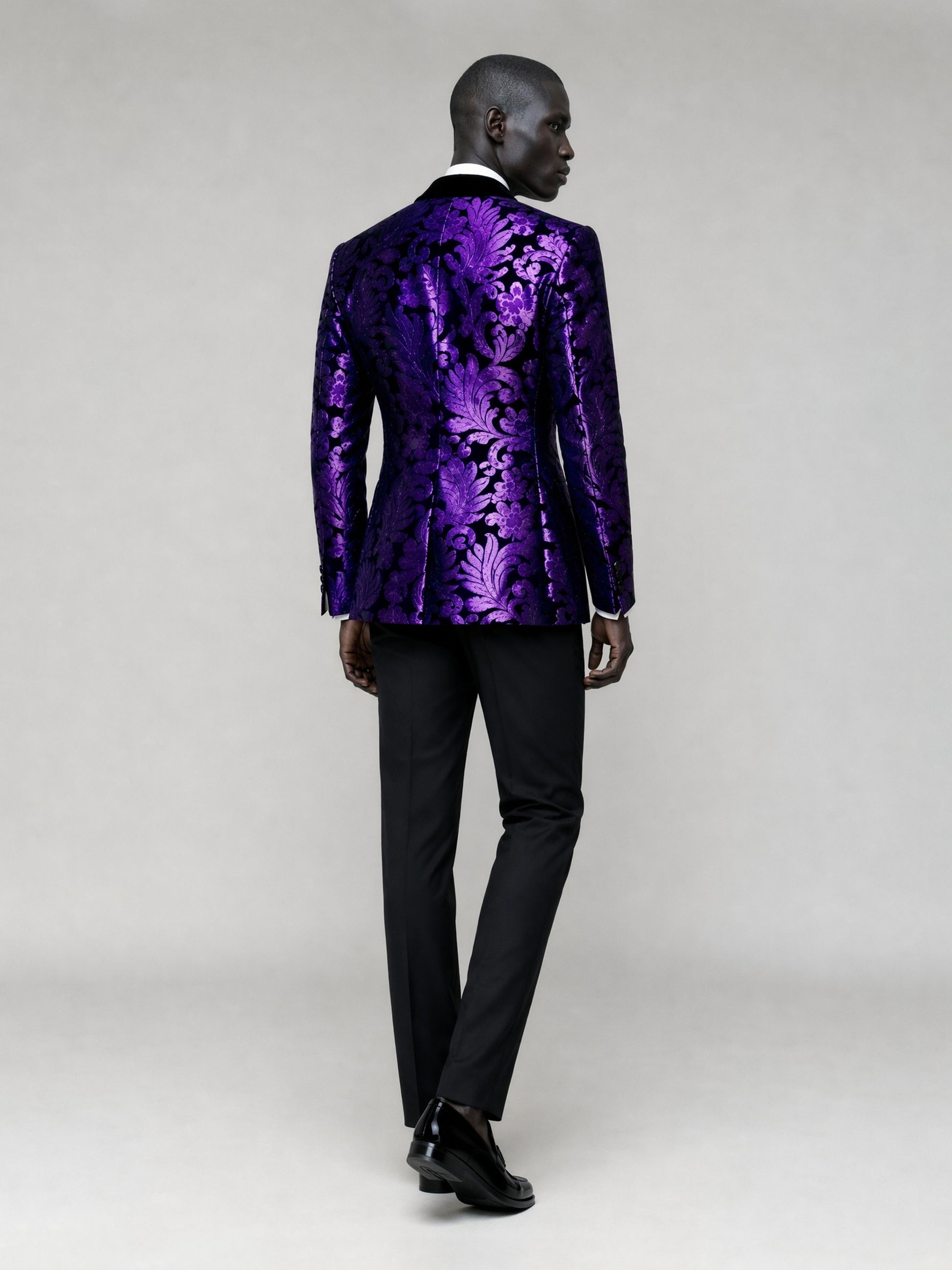 Savile GA0066 purple damask velvet dinner jacket set – full body front view, natural standing pose showing slim black trousers and velvet texture