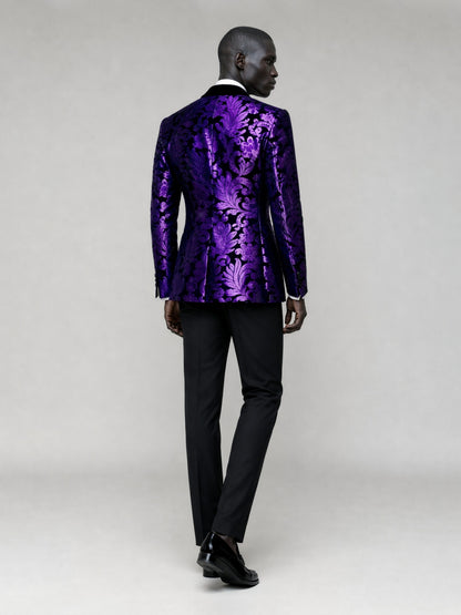Savile GA0066 purple damask velvet dinner jacket set – full body front view, natural standing pose showing slim black trousers and velvet texture