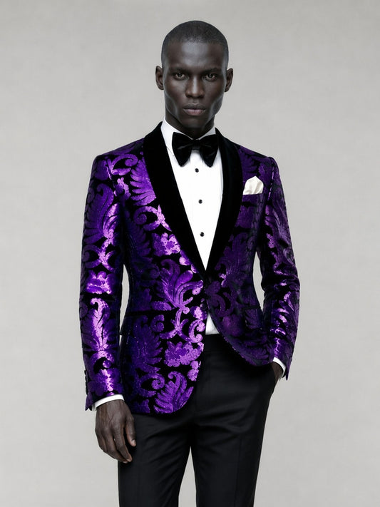 Savile GA0066 purple damask jacquard velvet tuxedo – back view showing all-over baroque scroll pattern, structured shoulders and slim black dress trousers