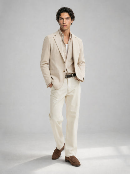 Savile GA0067 cream corduroy-stripe unstructured blazer – upper body front view showing notch lapel, single-button closure and open-collar shirt layering
