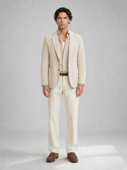 Savile GA0067 cream soft-shoulder blazer – full body front view, hands in pockets with brown suede loafers and cream straight-leg trousers