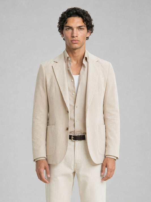 Savile GA0067 cream corduroy-stripe blazer – three-quarter side pose, model adjusting cuff showing Italian drape and relaxed fit