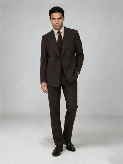 Savile GA0068 espresso brown double-breasted suit – upper body front view showing peak lapel, six-button closure, cream open-collar shirt and brown knit tie