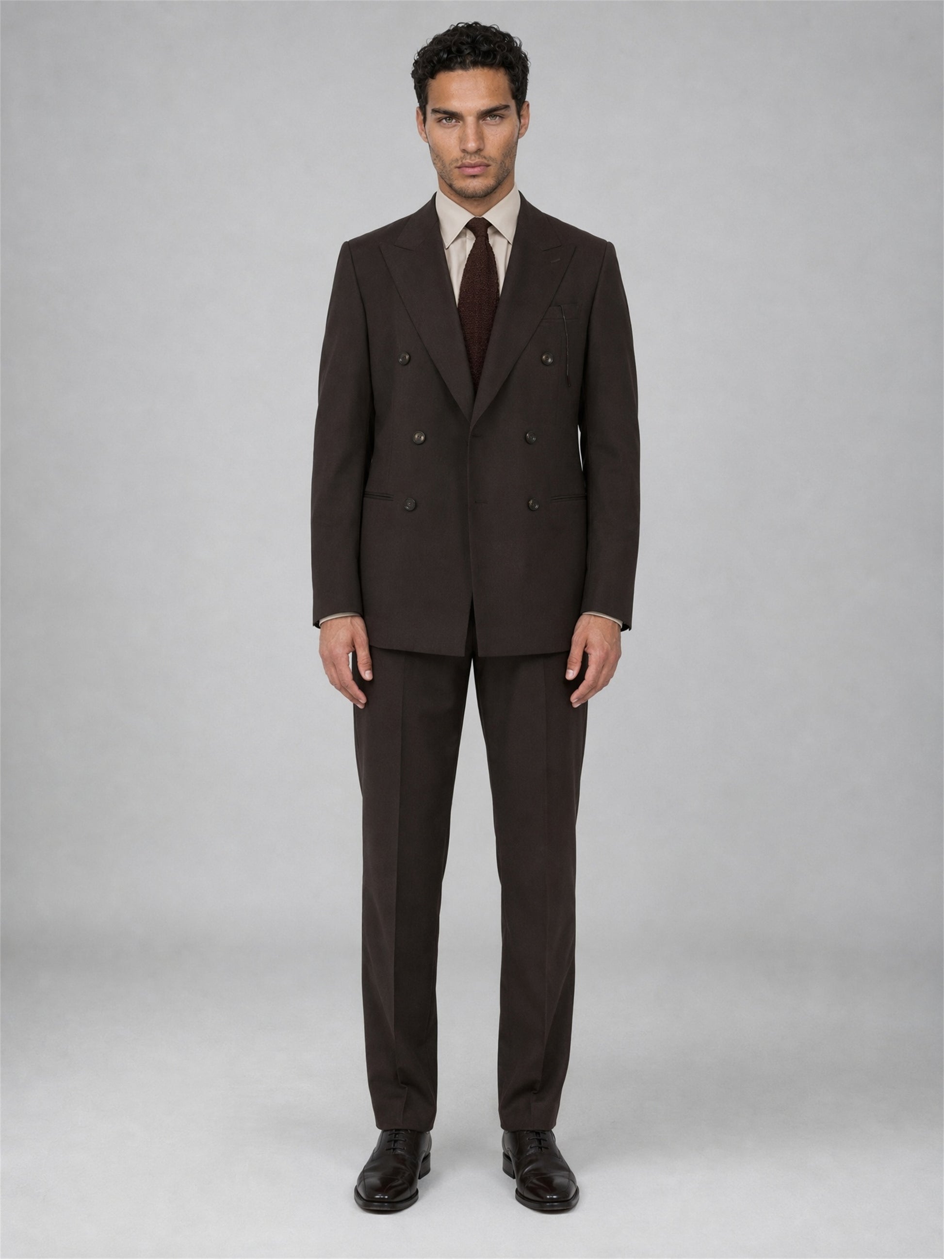 Savile GA0068 espresso brown 2-piece suit set – full body front view, hand in pocket with black oxford shoes and brown knit tie