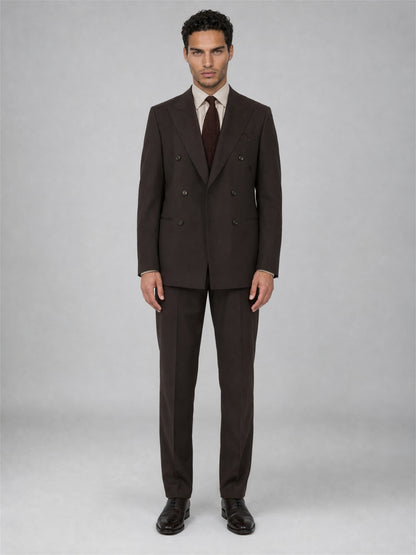 Savile GA0068 espresso brown 2-piece suit set – full body front view, hand in pocket with black oxford shoes and brown knit tie
