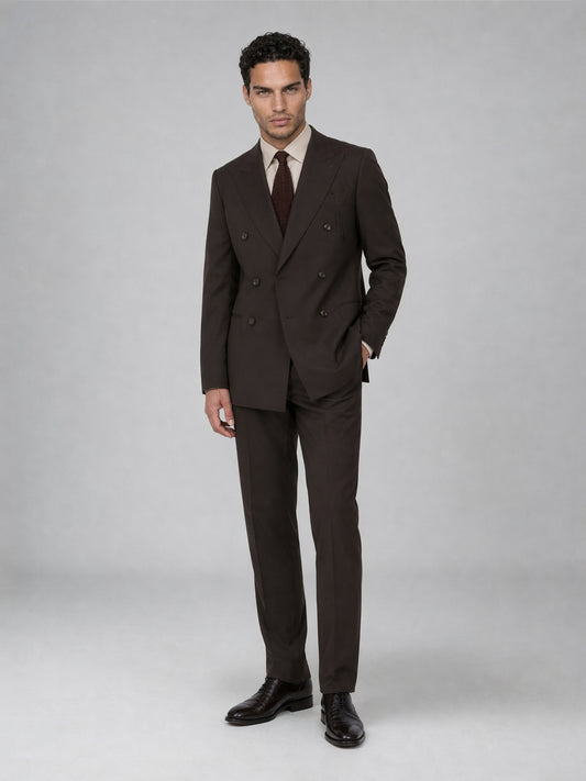 Savile GA0068 espresso brown double-breasted suit – back full view showing clean center vent, button cuffs and slim trouser silhouette